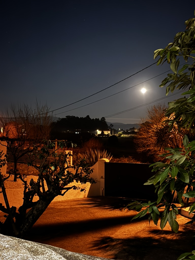 Jardín de Enriba Do Portal iluminado por la luna llena en una noche serena de Galicia